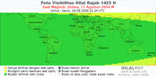 HilalMap: Peta Visibilitas Hilal Rajab 1425 H: rukyat tanggal 2004-8-17 M