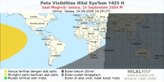 HilalMap: Peta Visibilitas Hilal Syaban 1425 H: rukyat tanggal 2004-9-14 M