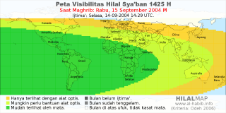HilalMap: Peta Visibilitas Hilal Syaban 1425 H: rukyat tanggal 2004-9-15 M