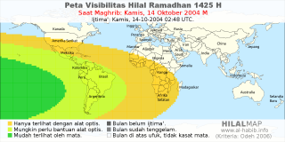 HilalMap: Peta Visibilitas Hilal Ramadhan 1425 H: rukyat tanggal 2004-10-14 M