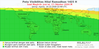HilalMap: Peta Visibilitas Hilal Ramadhan 1425 H: rukyat tanggal 2004-10-15 M