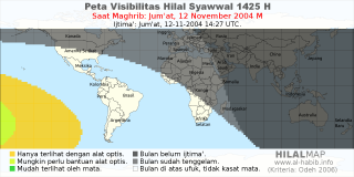 HilalMap: Peta Visibilitas Hilal Syawwal 1425 H: rukyat tanggal 2004-11-12 M