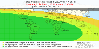 HilalMap: Peta Visibilitas Hilal Syawwal 1425 H: rukyat tanggal 2004-11-13 M