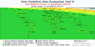 HilalMap: Peta Visibilitas Hilal Dzulqaidah 1425 H: rukyat tanggal 2004-12-13 M