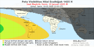 HilalMap: Peta Visibilitas Hilal Dzulhijjah 1425 H: rukyat tanggal 2005-1-10 M
