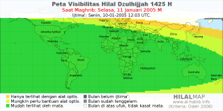 HilalMap: Peta Visibilitas Hilal Dzulhijjah 1425 H: rukyat tanggal 2005-1-11 M