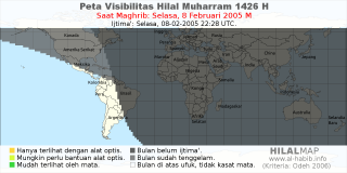 HilalMap: Peta Visibilitas Hilal Muharram 1426 H: rukyat tanggal 2005-2-8 M