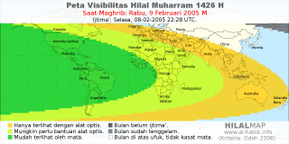 HilalMap: Peta Visibilitas Hilal Muharram 1426 H: rukyat tanggal 2005-2-9 M