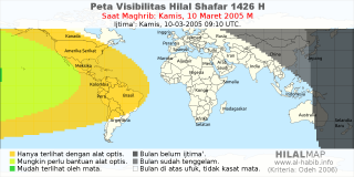 HilalMap: Peta Visibilitas Hilal Shafar 1426 H: rukyat tanggal 2005-3-10 M