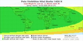 HilalMap: Peta Visibilitas Hilal Shafar 1426 H: rukyat tanggal 2005-3-11 M