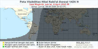 HilalMap: Peta Visibilitas Hilal Rabiul-Awwal 1426 H: rukyat tanggal 2005-4-8 M