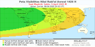 HilalMap: Peta Visibilitas Hilal Rabiul-Awwal 1426 H: rukyat tanggal 2005-4-9 M