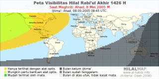 HilalMap: Peta Visibilitas Hilal Rabiul-Akhir 1426 H: rukyat tanggal 2005-5-8 M