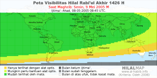 HilalMap: Peta Visibilitas Hilal Rabiul-Akhir 1426 H: rukyat tanggal 2005-5-9 M