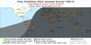 HilalMap: Peta Visibilitas Hilal Jumadal-Awwal 1426 H: rukyat tanggal 2005-6-6 M