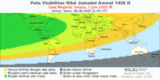 HilalMap: Peta Visibilitas Hilal Jumadal-Awwal 1426 H: rukyat tanggal 2005-6-7 M