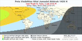 HilalMap: Peta Visibilitas Hilal Jumadal-Akhirah 1426 H: rukyat tanggal 2005-7-6 M