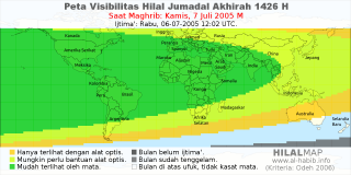 HilalMap: Peta Visibilitas Hilal Jumadal-Akhirah 1426 H: rukyat tanggal 2005-7-7 M