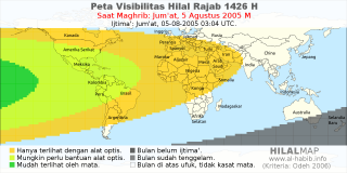 HilalMap: Peta Visibilitas Hilal Rajab 1426 H: rukyat tanggal 2005-8-5 M