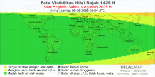 HilalMap: Peta Visibilitas Hilal Rajab 1426 H: rukyat tanggal 2005-8-6 M