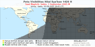 HilalMap: Peta Visibilitas Hilal Syaban 1426 H: rukyat tanggal 2005-9-3 M