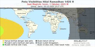 HilalMap: Peta Visibilitas Hilal Ramadhan 1426 H: rukyat tanggal 2005-10-3 M