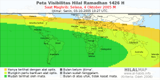 HilalMap: Peta Visibilitas Hilal Ramadhan 1426 H: rukyat tanggal 2005-10-4 M