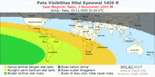 HilalMap: Peta Visibilitas Hilal Syawwal 1426 H: rukyat tanggal 2005-11-2 M