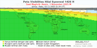 HilalMap: Peta Visibilitas Hilal Syawwal 1426 H: rukyat tanggal 2005-11-3 M
