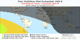 HilalMap: Peta Visibilitas Hilal Dzulqaidah 1426 H: rukyat tanggal 2005-12-1 M