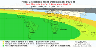 HilalMap: Peta Visibilitas Hilal Dzulqaidah 1426 H: rukyat tanggal 2005-12-2 M