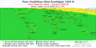 HilalMap: Peta Visibilitas Hilal Dzulhijjah 1426 H: rukyat tanggal 2006-1-1 M