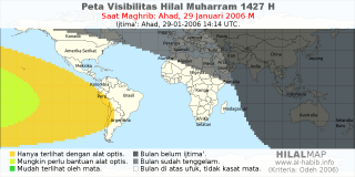 HilalMap: Peta Visibilitas Hilal Muharram 1427 H: rukyat tanggal 2006-1-29 M