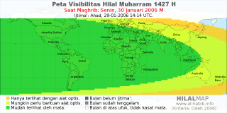 HilalMap: Peta Visibilitas Hilal Muharram 1427 H: rukyat tanggal 2006-1-30 M