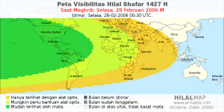 HilalMap: Peta Visibilitas Hilal Shafar 1427 H: rukyat tanggal 2006-2-28 M