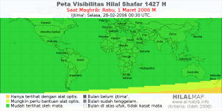 HilalMap: Peta Visibilitas Hilal Shafar 1427 H: rukyat tanggal 2006-3-1 M
