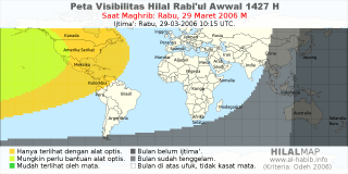 HilalMap: Peta Visibilitas Hilal Rabiul-Awwal 1427 H: rukyat tanggal 2006-3-29 M