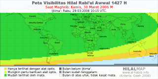 HilalMap: Peta Visibilitas Hilal Rabiul-Awwal 1427 H: rukyat tanggal 2006-3-30 M