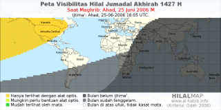 HilalMap: Peta Visibilitas Hilal Jumadal-Akhirah 1427 H: rukyat tanggal 2006-6-25 M