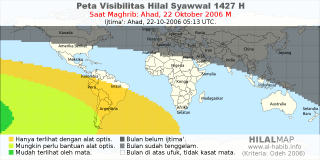 HilalMap: Peta Visibilitas Hilal Syawwal 1427 H: rukyat tanggal 2006-10-22 M