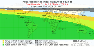 HilalMap: Peta Visibilitas Hilal Syawwal 1427 H: rukyat tanggal 2006-10-23 M