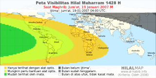 HilalMap: Peta Visibilitas Hilal Muharram 1428 H: rukyat tanggal 2007-1-19 M