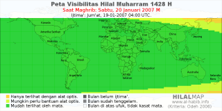 HilalMap: Peta Visibilitas Hilal Muharram 1428 H: rukyat tanggal 2007-1-20 M