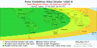 HilalMap: Peta Visibilitas Hilal Shafar 1428 H: rukyat tanggal 2007-2-18 M