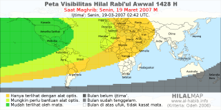 HilalMap: Peta Visibilitas Hilal Rabiul-Awwal 1428 H: rukyat tanggal 2007-3-19 M