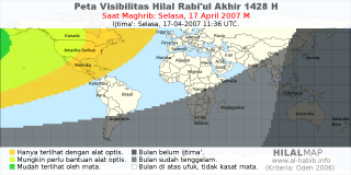 HilalMap: Peta Visibilitas Hilal Rabiul-Akhir 1428 H: rukyat tanggal 2007-4-17 M
