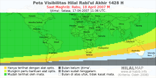 HilalMap: Peta Visibilitas Hilal Rabiul-Akhir 1428 H: rukyat tanggal 2007-4-18 M