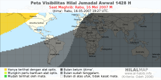 HilalMap: Peta Visibilitas Hilal Jumadal-Awwal 1428 H: rukyat tanggal 2007-5-16 M