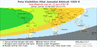 HilalMap: Peta Visibilitas Hilal Jumadal-Akhirah 1428 H: rukyat tanggal 2007-6-15 M