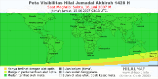 HilalMap: Peta Visibilitas Hilal Jumadal-Akhirah 1428 H: rukyat tanggal 2007-6-16 M